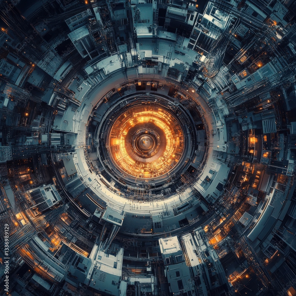 Fototapeta premium A top-down view of a high-tech nuclear fusion facility, emphasizing innovation