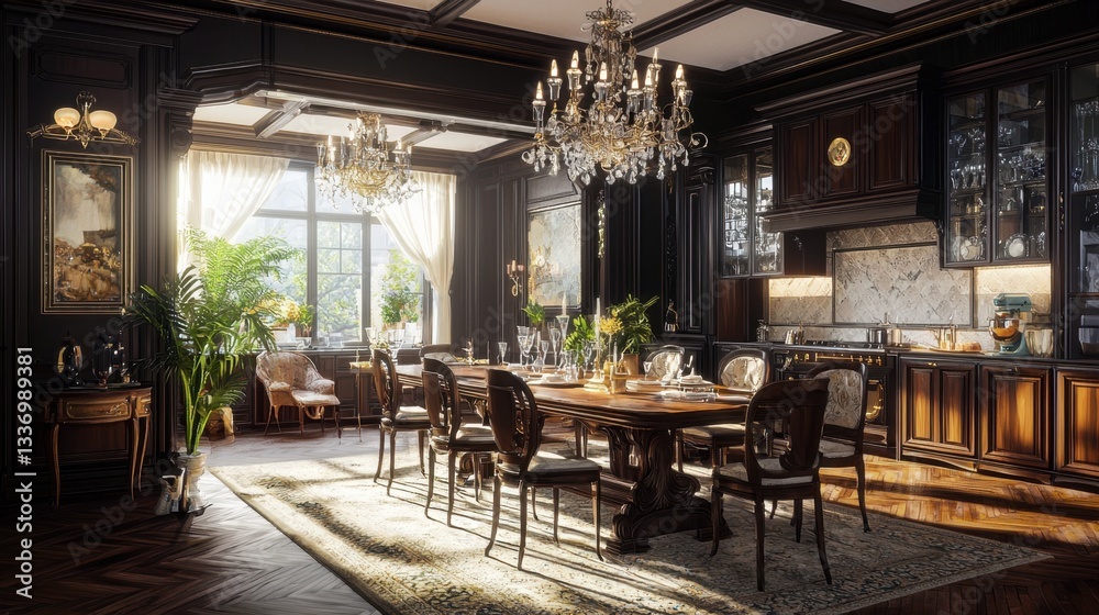 Fototapeta premium An elegant dining room with a long mahogany table, ornate chairs, and a grand chandelier hanging above.