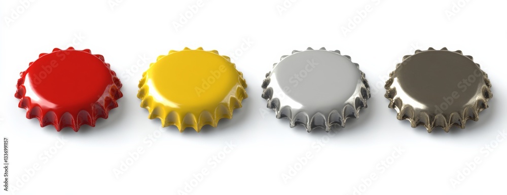 Colorful beer caps isolated on white background - top view banner - 3D illustration Colorful beer caps isolated on white background - top view banner - 3D illustration