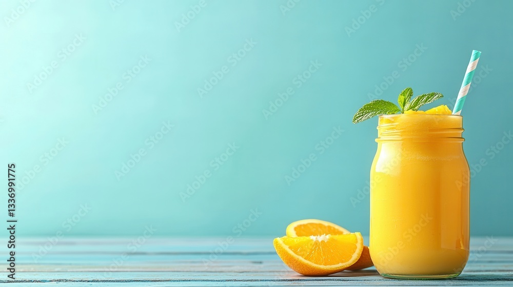 Fototapeta premium Refreshing Orange Smoothie in a Mason Jar on a Blue Wooden Table
