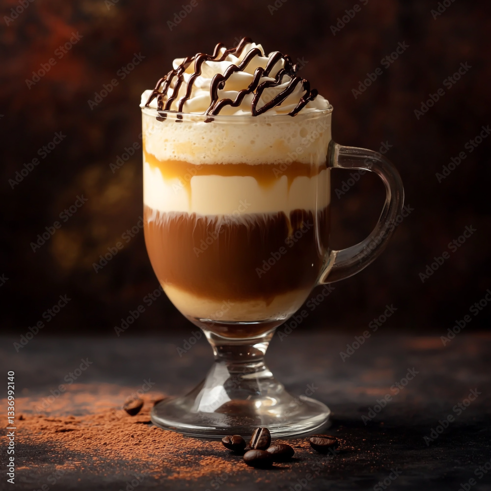 Stylish coffee drink with cream, caramel, and chocolate drizzle in a glass cup on a dark background. Stylish coffee drink with cream, caramel, and chocolate drizzle in a glass cup on a dark background.