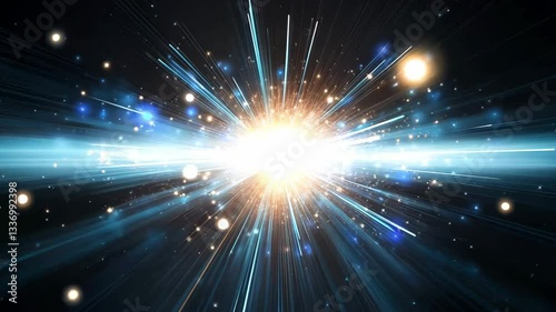 Vibrant Luminous Beams Rushing Across Futuristic Galactic Background with Bright White Star Explosions and Blur Effect for Space Travel or Science Fiction Concept