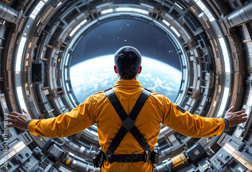 Astronaut in in yellow uniform сontemplates earth through spaceship porthole. Generative AI