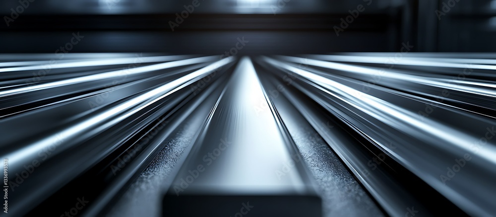Metal tracks converge, indoor setting
