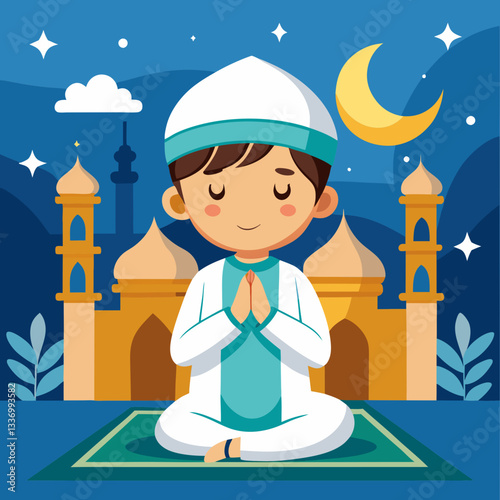 Cute Muslim Boy Praying at Night, Ramadan Illustration