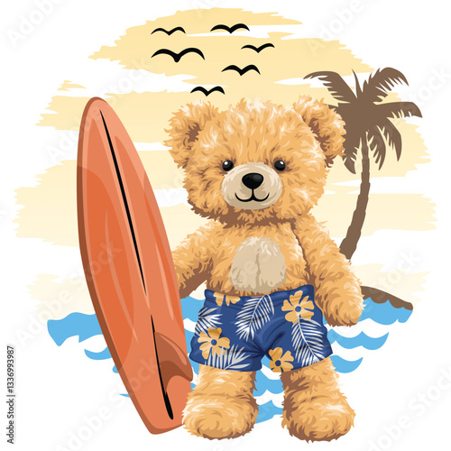 Cute bear holding a surfboard on a tropical beach at sunset  