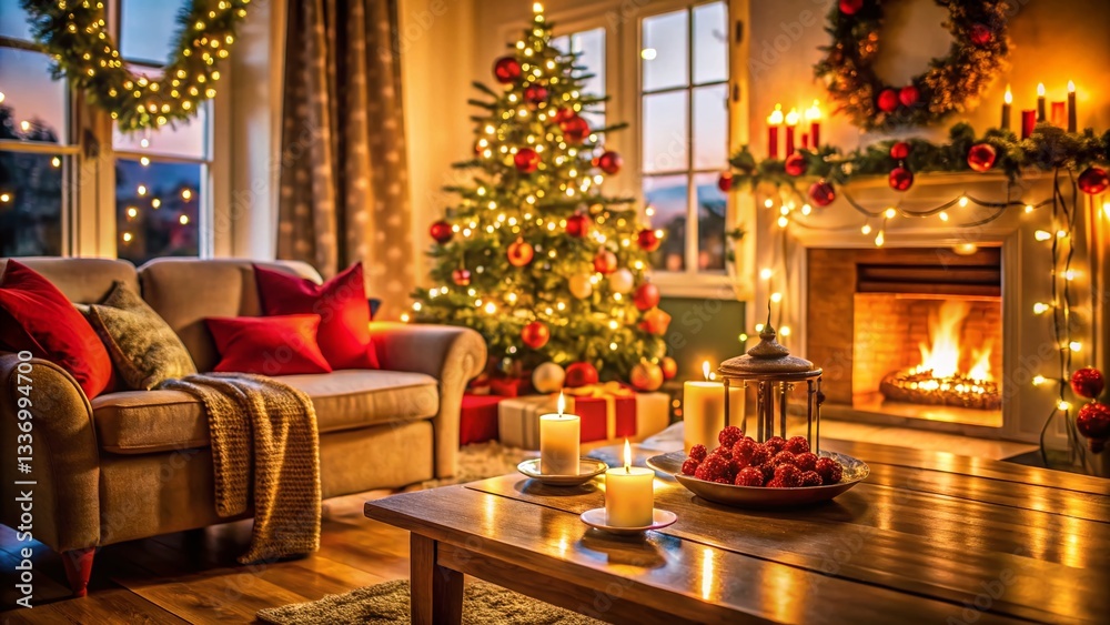 Cozy Holiday Home Interior: Warm Lights & Festive Decor Close-Up Cozy Holiday Home Interior: Warm Lights & Festive Decor Close-Up