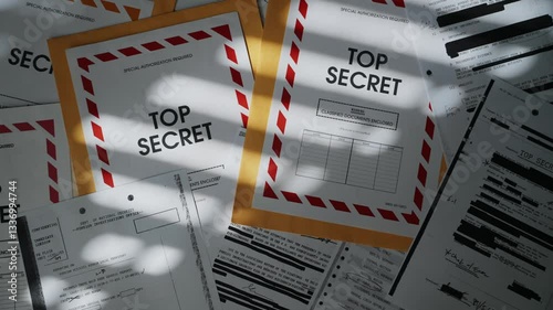Various classified and top secret documents and envelopes in dark room. Mysterious and secretive mood in office desk with window shadow on files and papers. Confidential information with censored text