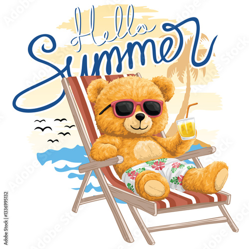Cute bear chilling on a beach chair with sunglasses and Hello Summer text