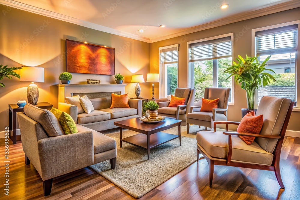 Fototapeta premium Cozy Modern Living Room with Ambient Lighting - Perfect for Design Projects