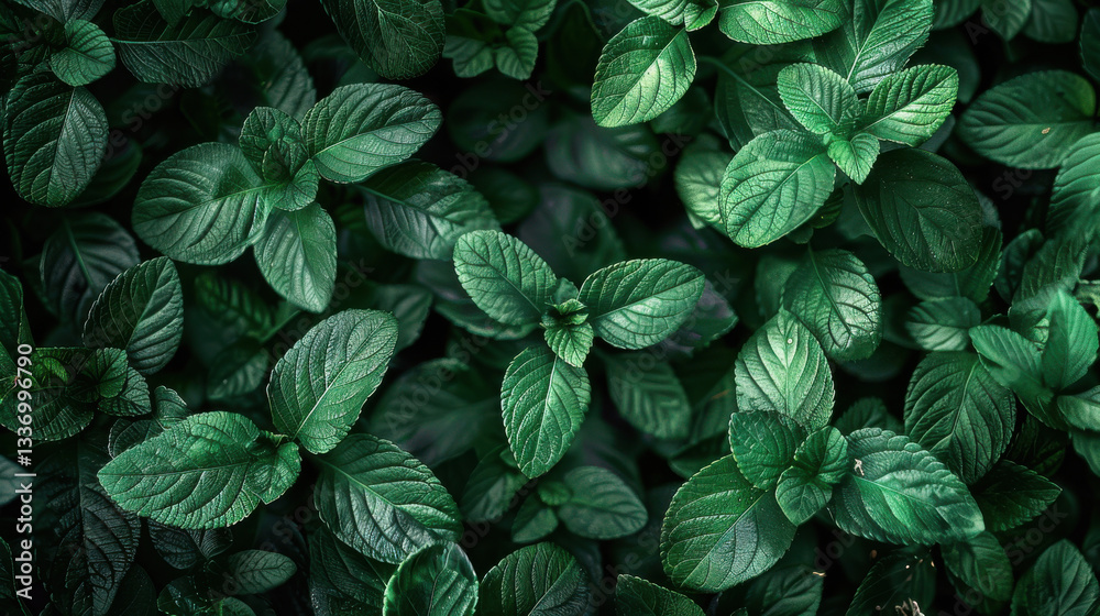 Lush green mint leaves create vibrant and refreshing background, showcasing nature beauty Lush green mint leaves create vibrant and refreshing background, showcasing nature beauty