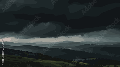 Mysterious landscape with dark storm clouds looming over green hills
