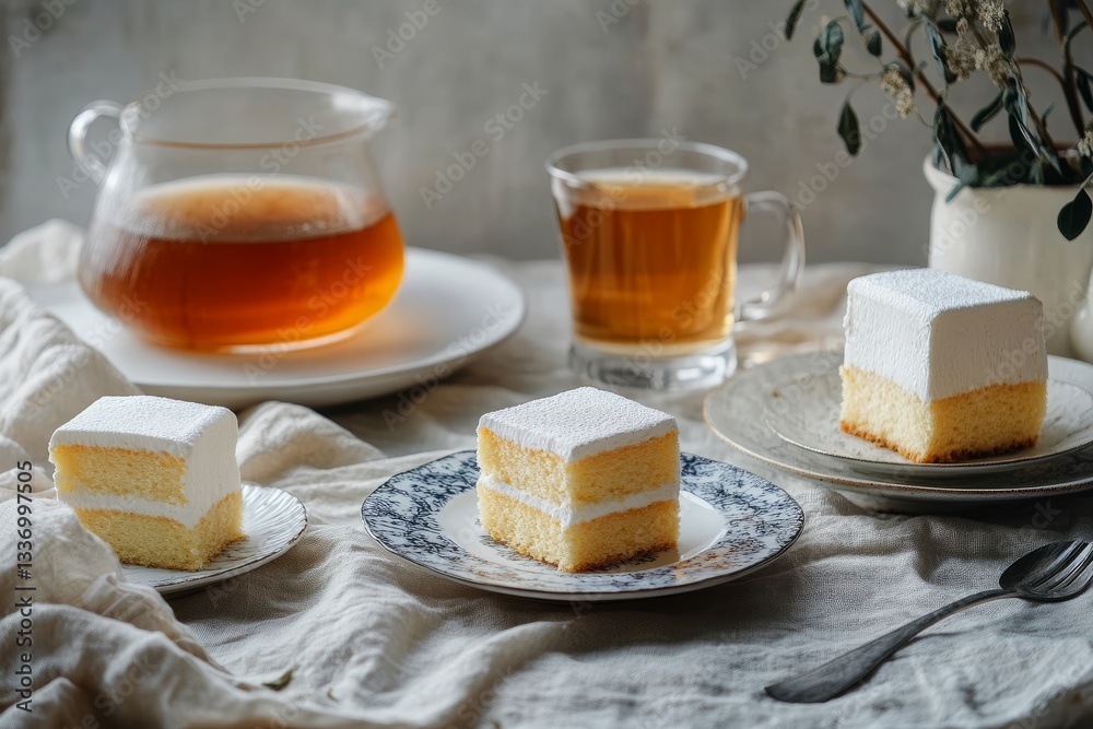 A minimalist dessert table with different flavors of chiffon cakes, paired with herbal tea and elegant cutlery, simple yet sophisticated dessert scene A minimalist dessert table with different flavors of chiffon cakes, paired with herbal tea and elegant cutlery, simple yet sophisticated dessert scene