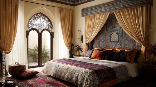 Interior of a Hotel Bedroom with Arabic Style Interior Design..