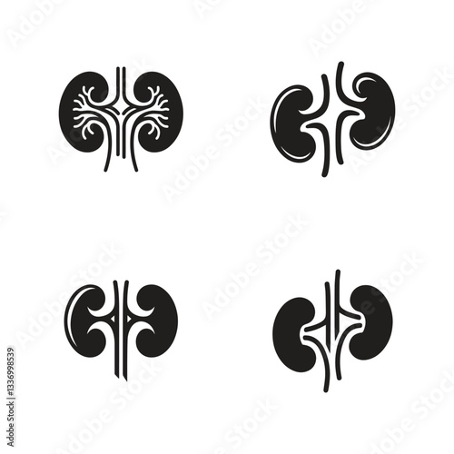 set of collection black kidneys of human anatomy. Illustration of human kidney organ.