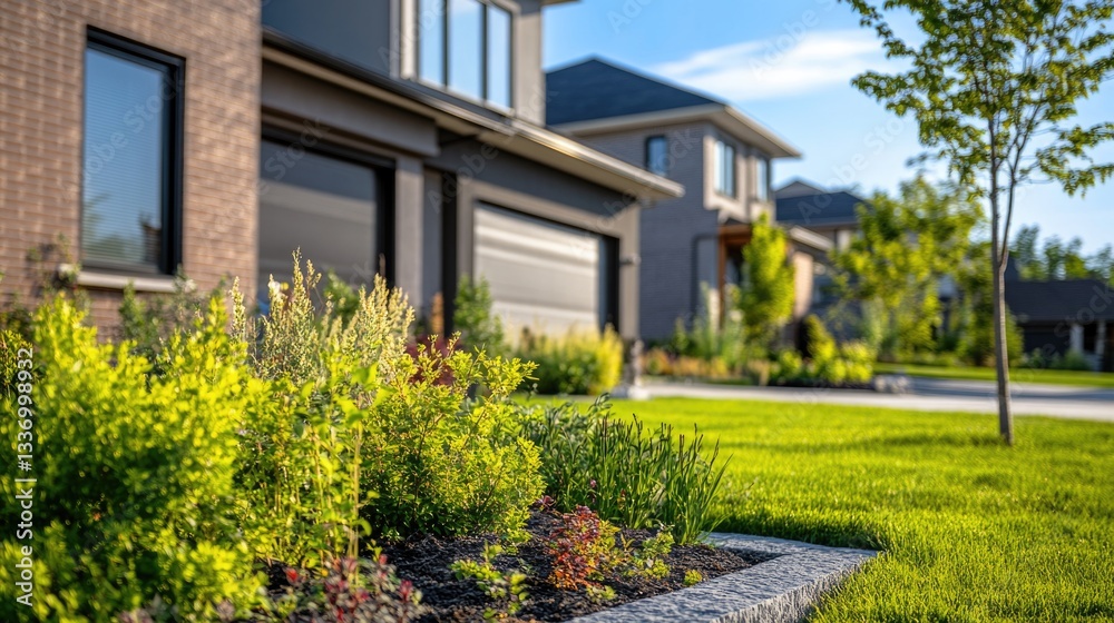 A row of green bushes leading up to a house entrance, perfect for use in garden or home decor images A row of green bushes leading up to a house entrance, perfect for use in garden or home decor images