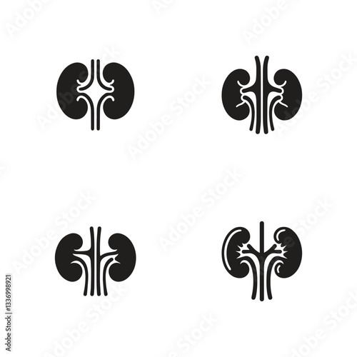 set of collection black kidneys of human anatomy. Illustration of human kidney organ.