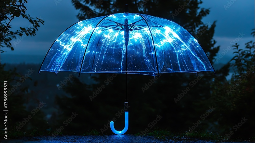 Illuminated umbrella, night scene, forest backdrop