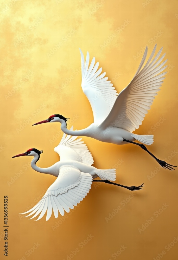 Fototapeta premium Elegant cranes in flight against a golden backdrop, symbolizing grace and harmony, perfect for nature, art, and wellness themes.