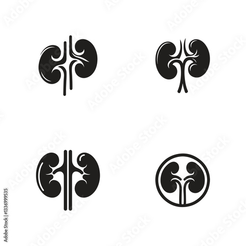 set of collection black kidneys of human anatomy. Illustration of human kidney organ.