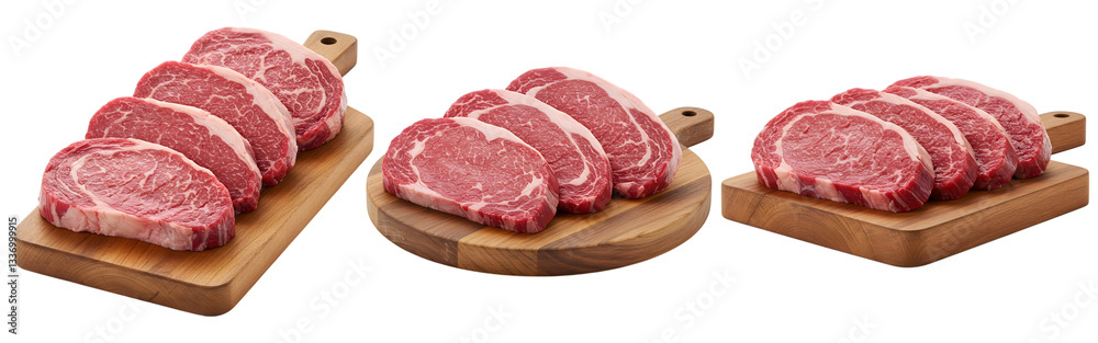 Raw beef prime cuts with rich red color and marbled meat on wooden cutting board isolated on a transparent background Raw beef prime cuts with rich red color and marbled meat on wooden cutting board isolated on a transparent background