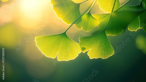 spring season backlight green gingko leaves with gentle sunlight, peaceful background