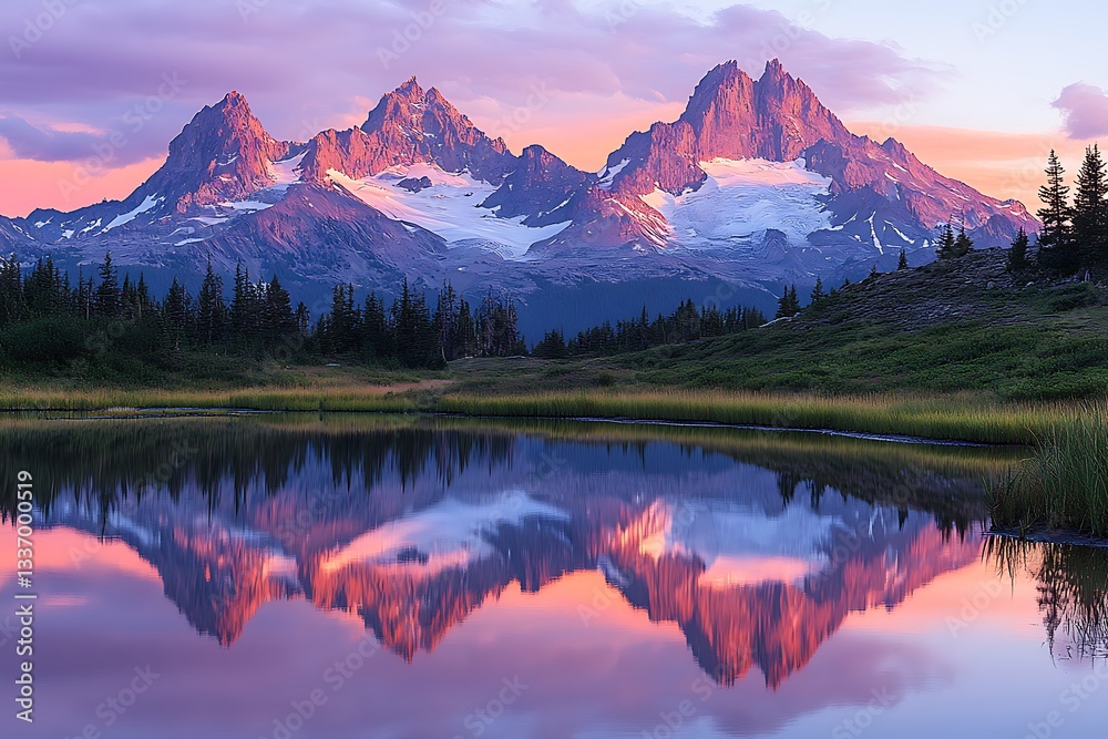 Fototapeta premium Majestic Mountain Range Reflection at Sunrise Pink and Purple Sky Serenity