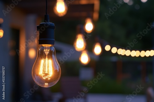 Edison bulb outdoor. Vintage style filament light bulb hanging outdoors with string lights creating warm ambient illumination in evening setting.