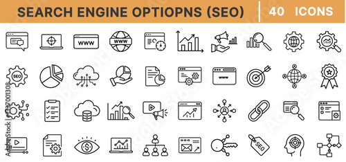 "SEO Line Icons – Search Engine Optimization, Web Traffic, Keyword Ranking, Digital Marketing, Backlinks, Analytics, SEM, Content Strategy, Online Growth, Vector Set"