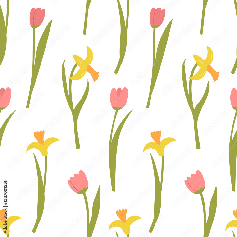 Obraz premium Spring seamless pattern with narcissus and tulip flower branches. Vector flat botanical floral background
