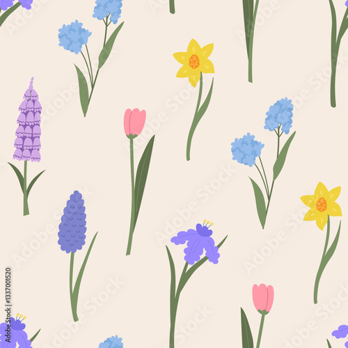 Seamless pattern with various spring flower branches. Tulips, foxglove, grape hyacinth, iris, forget me not and narcissus flowers. Vintage botanical floral vector flat background
