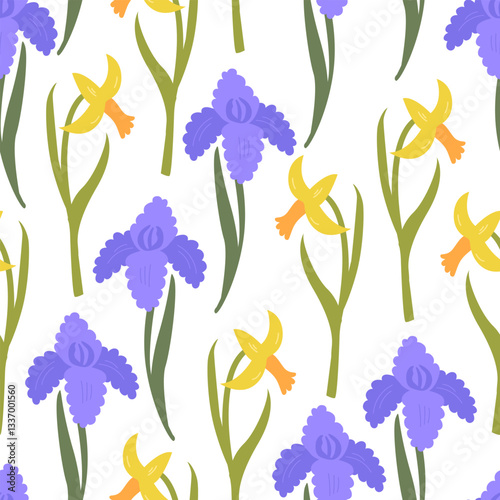 Spring seamless pattern with narcissus and iris flower branches. Vector flat botanical floral background