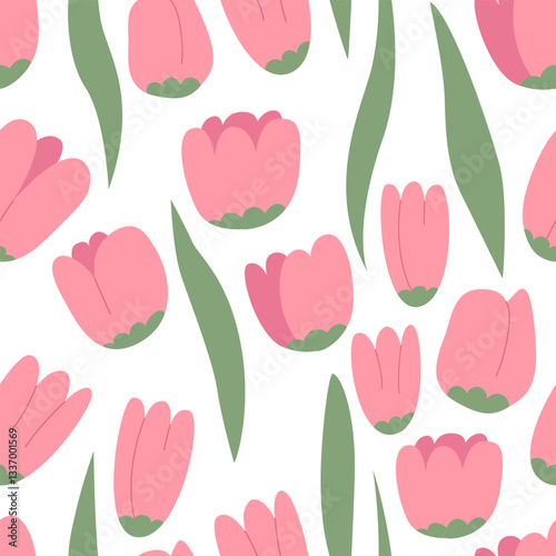 Spring seamless pattern with pink tulip buds and leaves. Abstract floral vector flat background