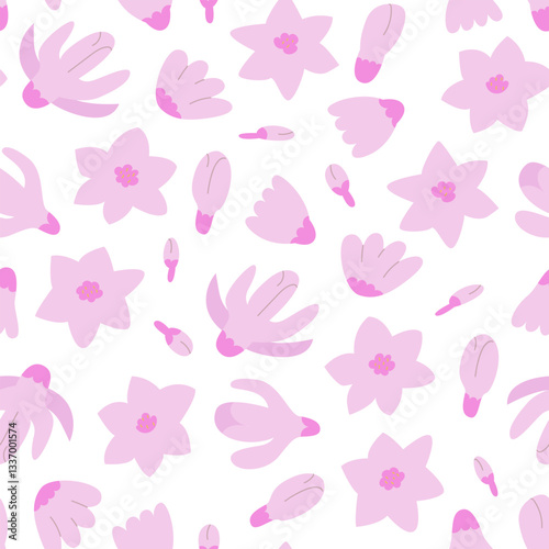 Seamless pattern with elegant magnolia flower buds. Simple cherry blossom illustration. Floral vector flat hand drawn background for textile design, scrapbooking, wrapping paper, etc.