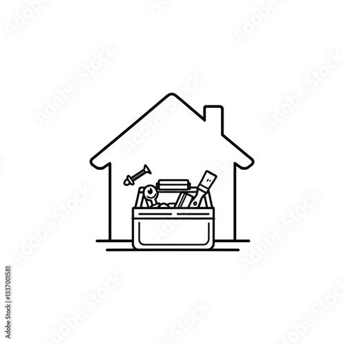 Home renovation icon DIY Home Improvement Icon: Line Drawing of a House with Toolbox Containing Tools