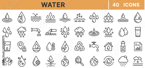 "Water Line Icons – Droplet, Tap, Rain, Hydration, Purification, Conservation, Supply, Recycling, Liquid, Environment, Editable Stroke, Vector Set"