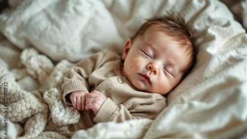cute newborn baby in beige bodysuit relaxes in bed 4k Video. generated with AI