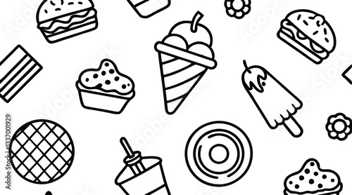 Set of Food Icon line Art Vector Drawing Pattern Illustration Background.	
