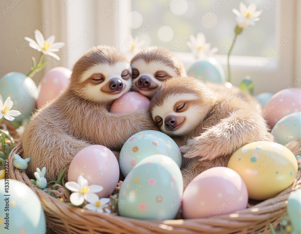 Fototapeta premium Three sloths nestled among colorful easter eggs