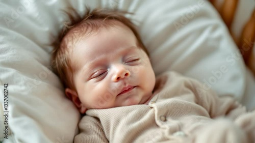 cute newborn baby in beige bodysuit relaxes in bed 4k Video. generated with AI