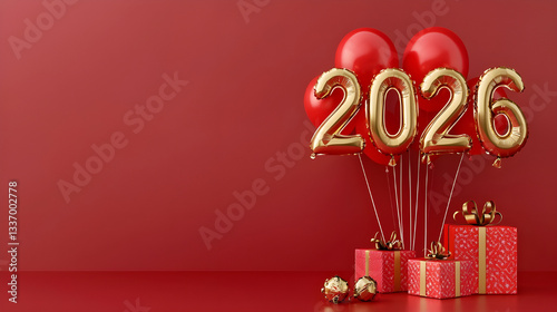 Elegant New Year's Celebration with Golden 2026 Balloons and Gift Box on Red Background