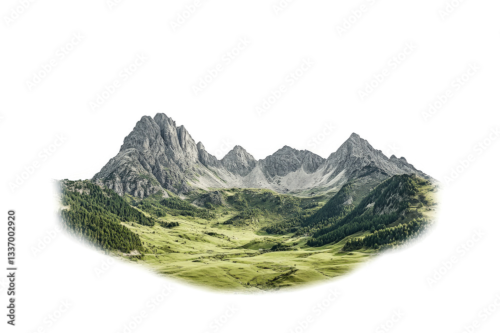 a mountain range with a green valley in the fore cutout image and isolated on transparent background