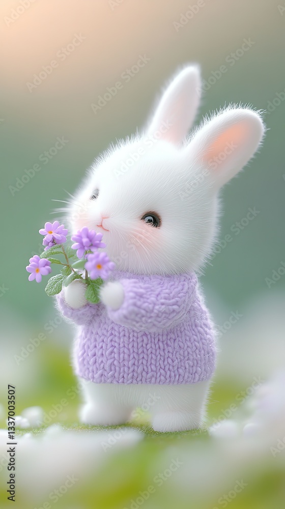 Fototapeta premium cute white baby rabbit holding small purple flower smiling at spring grass field, fluffy white fur look soft and delicate, cuddly miniature animal 
