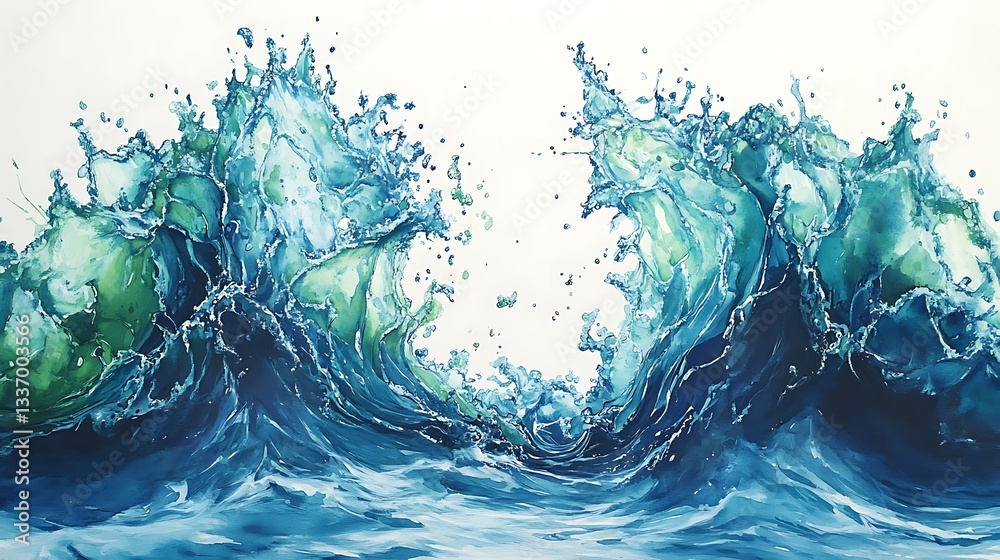 Ocean waves crashing, white background