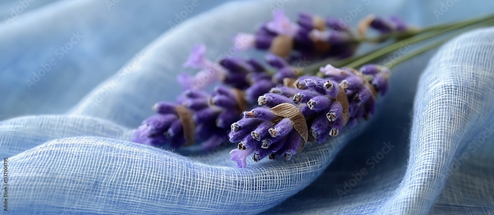 Lavender sprigs on blue fabric