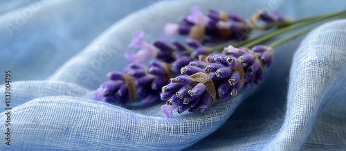 Obraz na płótnie Lavender sprigs on blue fabric w salonie