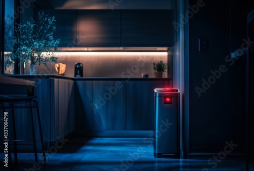 Smart bin in modern kitchen. Sleek smart trash bin with red light in a dark modern kitchen interior with minimalist design.