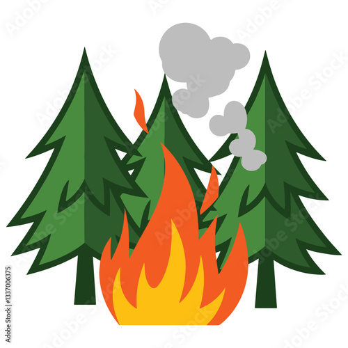 Wildfire destroying pine trees, with smoke rising. Vector illustration of a forest fire causing damage to trees, ideal for environmental awareness and disaster related themes.