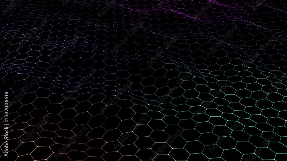 Abstract technology 3D rendering with colors hexagonal wireframe.  Grid in motion  with  dots and lines in dark digital cyberspace in  background. Wavy hexagonal mesh.