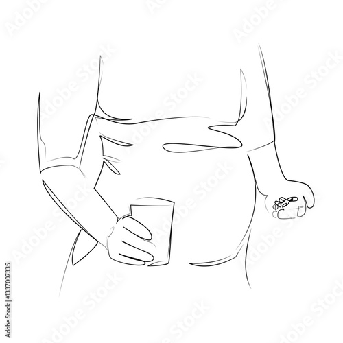 One continuous line art drawing flat illustration pill, medicine, pregnant, vitamin, person, woman, hand, water, care, female. Isolated image hand draw outline on white background